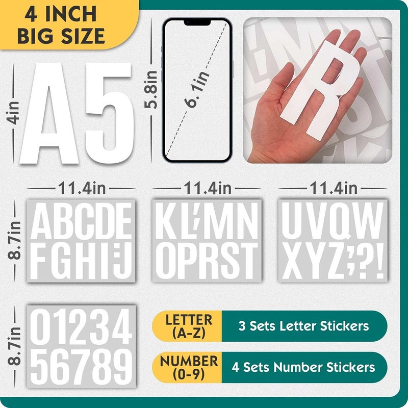 Seloom 13 Sheets Alphabet Stickers,4 Inch Large Vinyl Letter Number Stickers Self Adhesive,Waterproof Numbers Alphabet Letters Labels for DIY Crafts,Mailbox,Notebook,Door,Water Bottles,Car(White) - Image 2